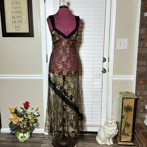 Mara Intimates Sweeping Black Gold Metallic Sheer Lace Dressing Long Gown